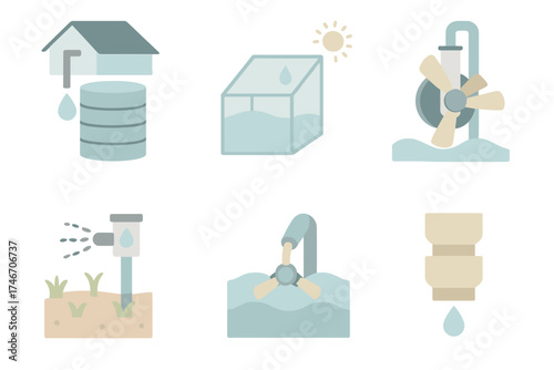 Sustainable Water Technologies. Isometric vector illustration set of sustainable water technology: rainwater harvesting tank,