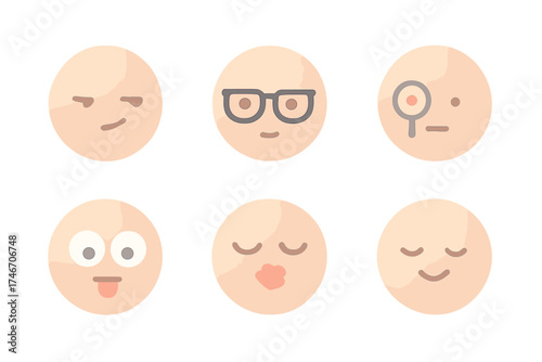 Pastel Emoji Faces. Isometric vector illustration set of simple emoji faces: smug half smile, nerd glasses, monocle serious, silly