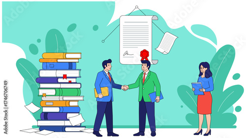 Illustration of businessmen shaking hands after signing contract isolated on white background
