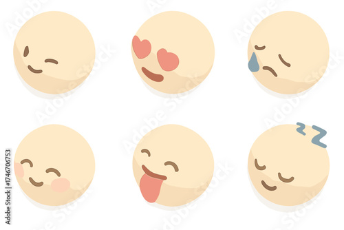 Simple Emoji Icons. Isometric vector illustration set of simple emoji faces: wink eye, heart eyes, crying face, shy blush, tongue