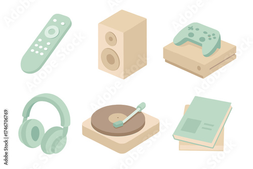 Entertainment Icons Set. Isometric vector illustration set of entertainment elements: TV remote, speaker, gaming console,