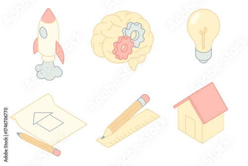 Innovation Icons Collection. Isometric vector illustration set of innovation and creativity tools: rocket launch, brain with gears