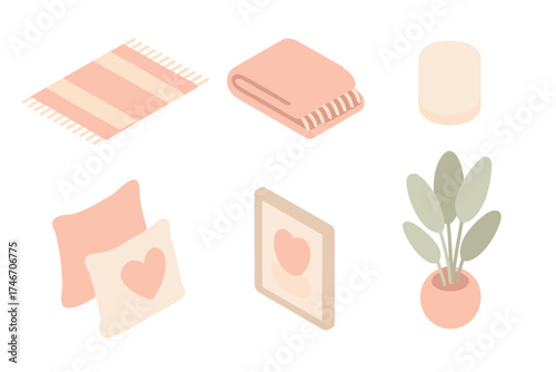 Cozy Living Room Decor. Isometric vector illustration set of cozy living room decor: rug, throw blanket, cushions, scented candle,