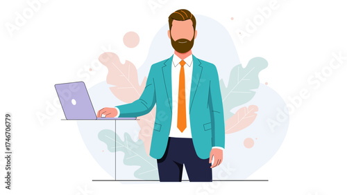Illustration of man in suit working on laptop isolated on white background illustration