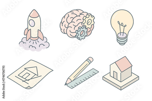 Innovation Icons Collection. Isometric vector illustration set of innovation and creativity tools: rocket launch, brain with gears