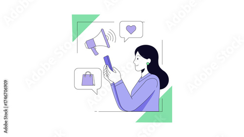 Illustration of woman using smartphone for online shopping isolated on white background