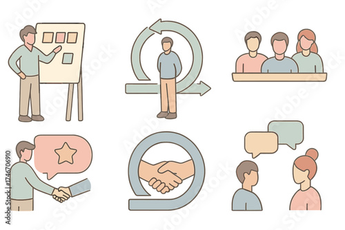Scrum Roles Icons. Isometric vector illustration set of Scrum roles: product owner, scrum master, development team, stakeholder,