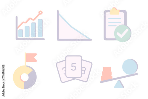 Productivity Tracking Icons. Isometric vector illustration set of productivity tracking: velocity chart, burndown graph, completed