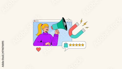 Illustration of woman with megaphone attracting customers isolated on white background