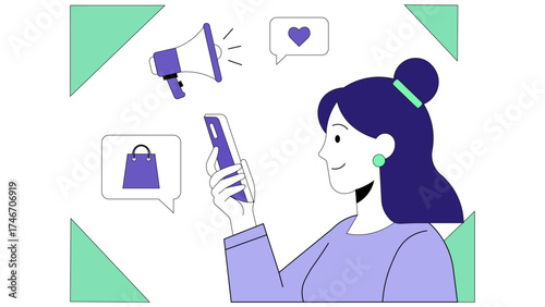 Illustration of woman using smartphone for online shopping and social media marketing isolated on white background
