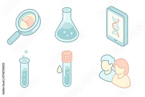 Medication Discovery Icons. Isometric vector illustration set of medication discovery: magnifying glass on pill, experimental