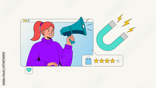 Illustration of woman holding megaphone for social media marketing and attracting customers isolated on white background