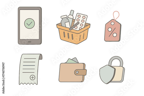 Pharmacy E-commerce Icons. Isometric vector illustration set of pharmacy e-commerce: tablet with order confirmation, basket with