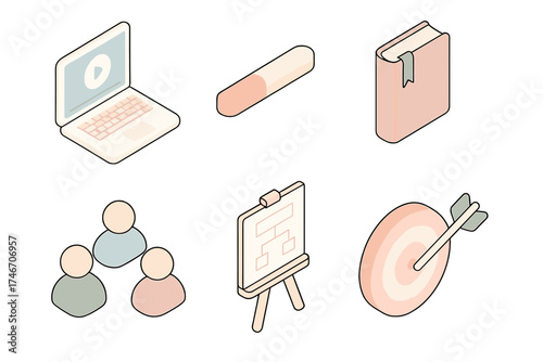 Employee Training Icons. Isometric vector illustration set of employee training: e-learning laptop, progress bar, book with