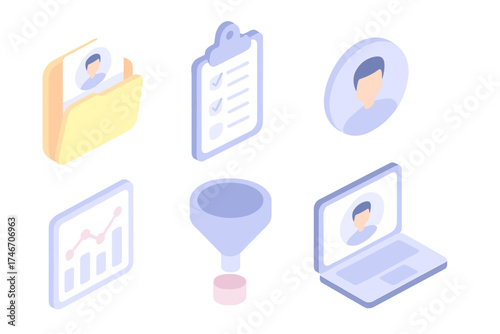 Candidate Screening Icons. Isometric vector illustration set of candidate screening steps: resume folder, checklist, profile icon,