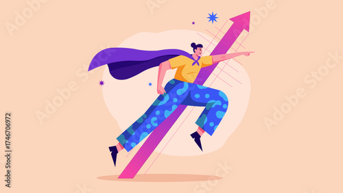Illustration of a woman with cape is running up the arrow, concept of business success