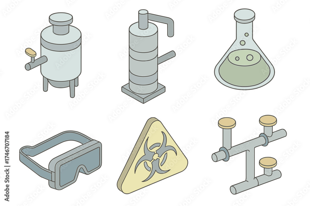 Obraz premium Chemical Industry Icons. Isometric vector illustration set of chemical industry technology icons: chemical reactor, distillation