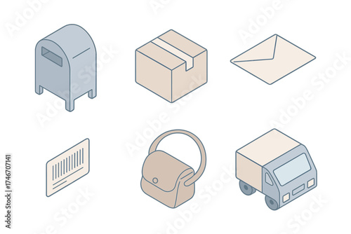 Postal Service Icons. Isometric vector illustration set of postal service icons: mailbox, parcel box, letter envelope, courier bag