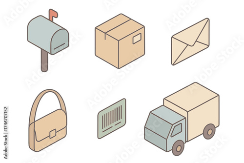 Postal Service Icons. Isometric vector illustration set of postal service icons: mailbox, parcel box, letter envelope, courier bag
