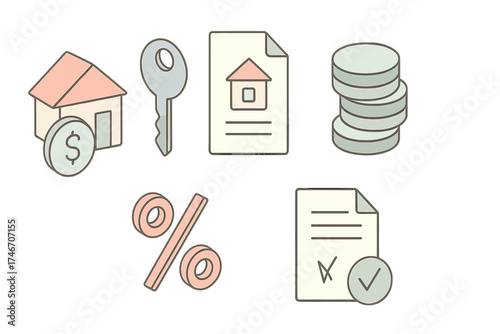 Mortgage Loan Icons. Isometric vector illustration set of mortgage loan icons: house with dollar sign, key, home contract, stack