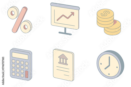 Loan Interest Icons. Isometric vector illustration set of loan interest icons: percentage sign, chart with rate, coin stack,