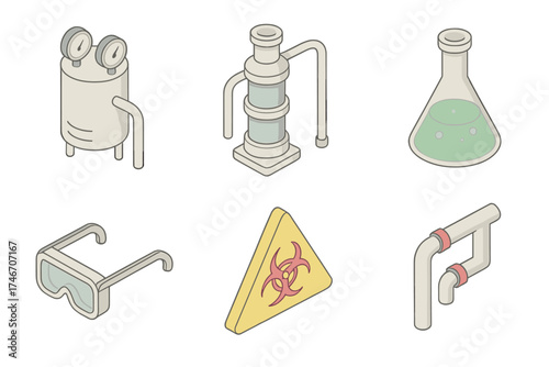 Chemical Industry Icons. Isometric vector illustration set of chemical industry technology icons: chemical reactor, distillation