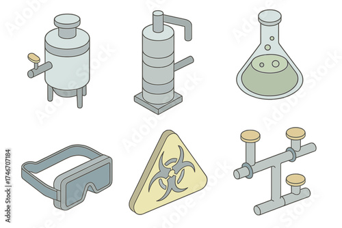 Chemical Industry Icons. Isometric vector illustration set of chemical industry technology icons: chemical reactor, distillation