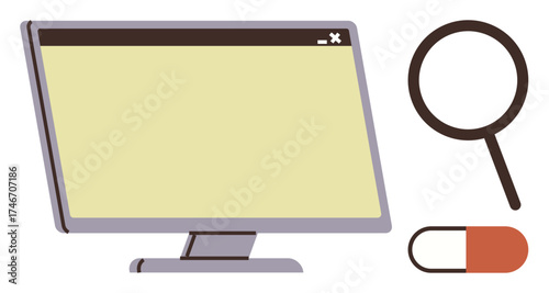 Desktop monitor, magnifying glass, and capsule emphasize digital health, pharmaceutical studies, and medical research. Ideal for telemedicine, e-learning, online pharmacy, innovation patient care