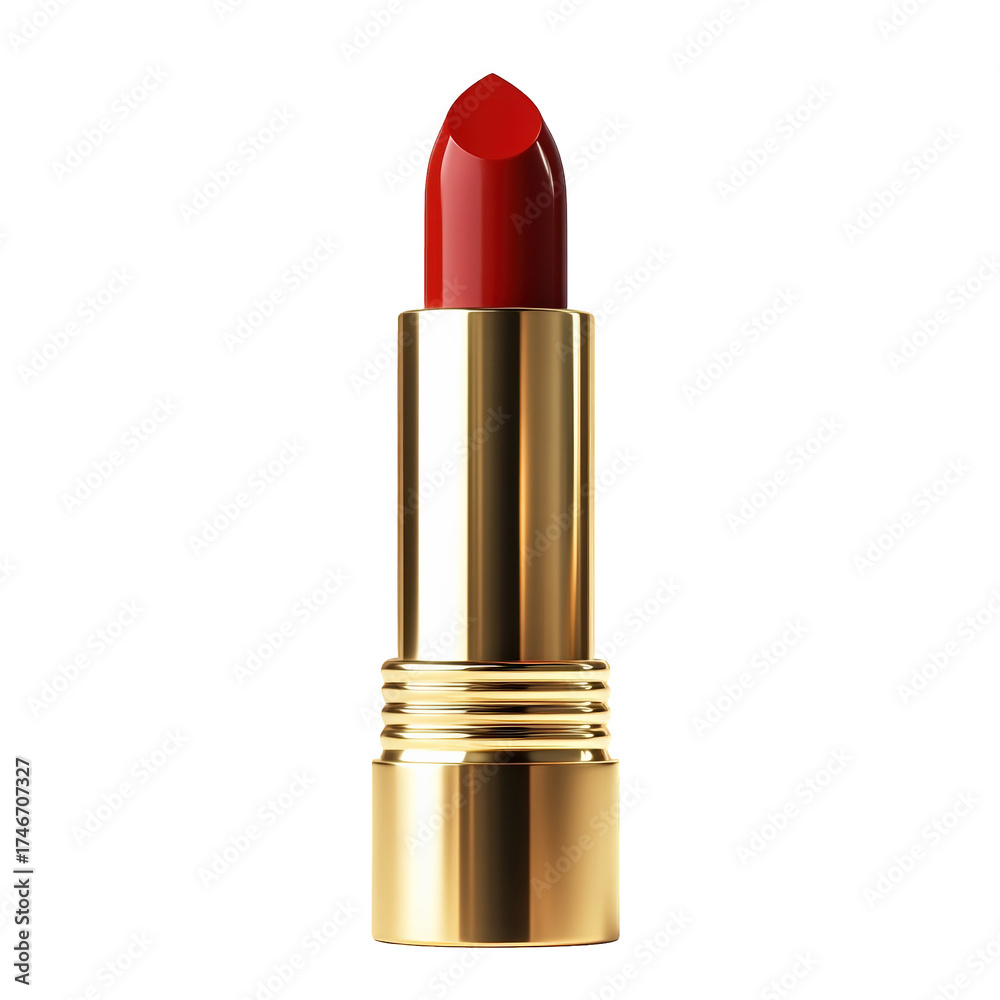 Fototapeta premium Elegant gold lipstick tube showcases bold red shade, perfect for adding touch of glamour to any makeup look. This close up emphasizes luxurious design and vibrant color