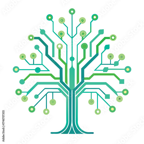 Digital tree of life with circuit board branches and glowing nodes