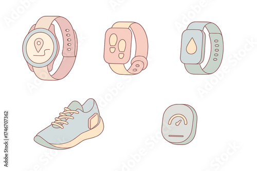 Fitness Wearables Icons. Isometric vector illustration set of fitness wearables: GPS running watch, step counter, hydration