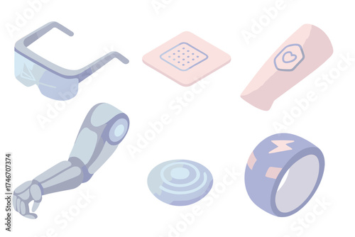 Futuristic Wearable Tech Icons. Isometric vector illustration set of futuristic wearable technology: holographic smart glasses,