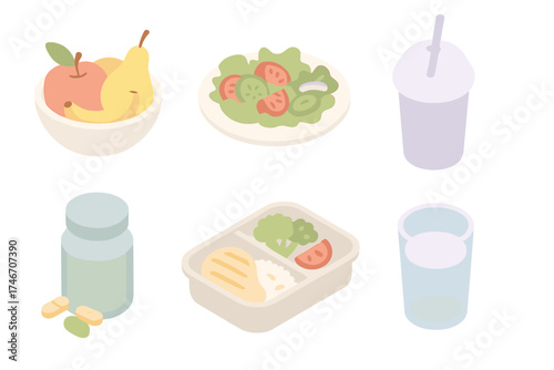 Isometric Health Icons. Isometric vector illustration set of nutrition and health icons: fruit bowl, salad plate, smoothie cup,