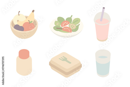 Isometric Health Icons. Isometric vector illustration set of nutrition and health icons: fruit bowl, salad plate, smoothie cup,