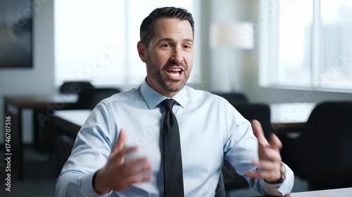 A businessman in a shirt and tie gestures confidently in an office setting. The businessman is discussing ideas with assertive hand movements at the office table.
