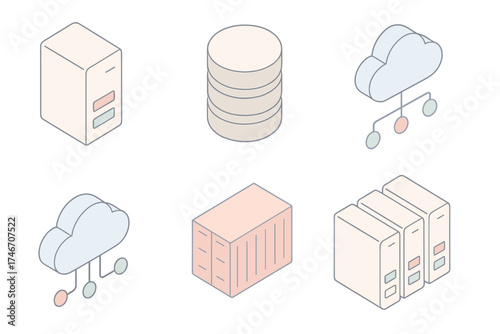Cloud Infrastructure Icons. Isometric vector illustration set of cloud infrastructure icons: virtual server, database stack, load