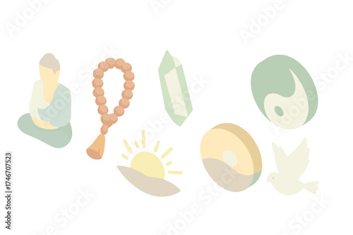 Spiritual Icon Set. Isometric vector illustration set of spiritual wellness icons: meditation statue, prayer beads, crystal stone,