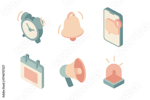 Notification Icons Set. Isometric vector illustration set of notification and alert icons: alarm clock, ringing bell, smartphone