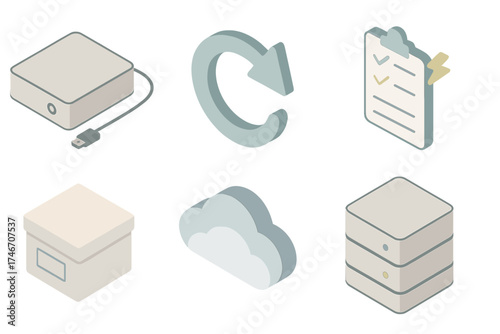 Backup Icons Set. Isometric vector illustration set of backup and recovery icons: external drive, restore arrow, disaster recovery