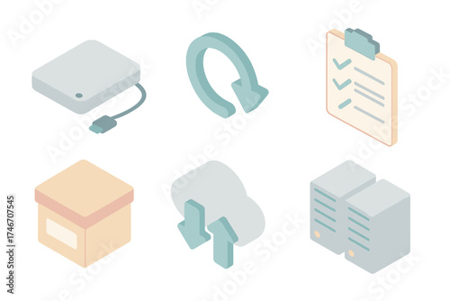 Backup Icons Set. Isometric vector illustration set of backup and recovery icons: external drive, restore arrow, disaster recovery