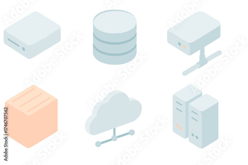 Cloud Infrastructure Icons. Isometric vector illustration set of cloud infrastructure icons: virtual server, database stack, load
