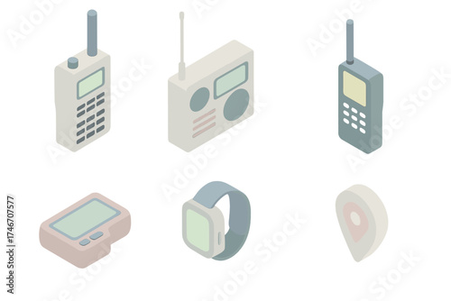 Portable Communication Icons. Isometric vector illustration set of portable communication icons: walkie-talkie, portable radio,