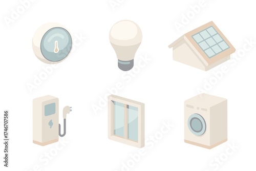 Home Energy Icons. Isometric vector illustration set of home energy icons: smart thermostat, LED lamp, solar roof, electric