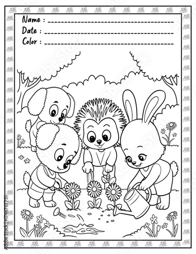 Fluffy Friends Coloring Page & Book for Adults and Kid. High resolution (300 DPI), Ready to print on standard 8.5x11-(A4) inch paper With (No Bleed), Black and White. Vector illustration