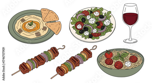 Set of five doodle-style vector illustrations of Mediterranean food and drinks, perfect for menu design, white background