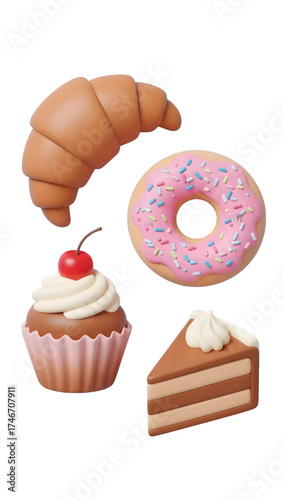 Delicious dessert pastries including a donut, cake, cupcake and croissant for sweet cravings