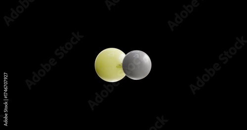 Carbon monosulfide molecule, rotating 3D model of diatomic molecule, looped video on a black background
