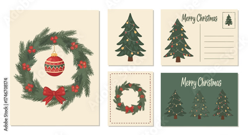 Festive Christmas Cards with Wreaths and Trees Holiday Greetings