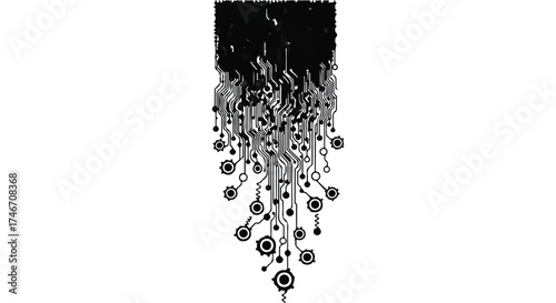 Abstract digital network data flow with intricate connections and circular nodes