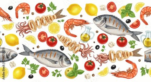 A vibrant seamless pattern featuring Mediterranean culinary delights such as seafood, lemons, and tomatoes, white background